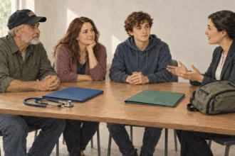 Painted scene of a veteran family comparing separate health and education benefits.