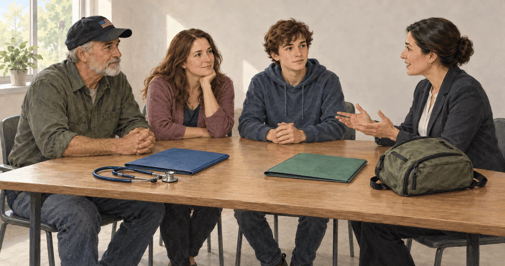 Painted scene of a veteran family comparing separate health and education benefits.