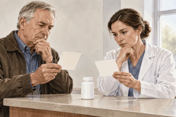 Painted scene of a customer comparing medication purchase routes with a pharmacist.