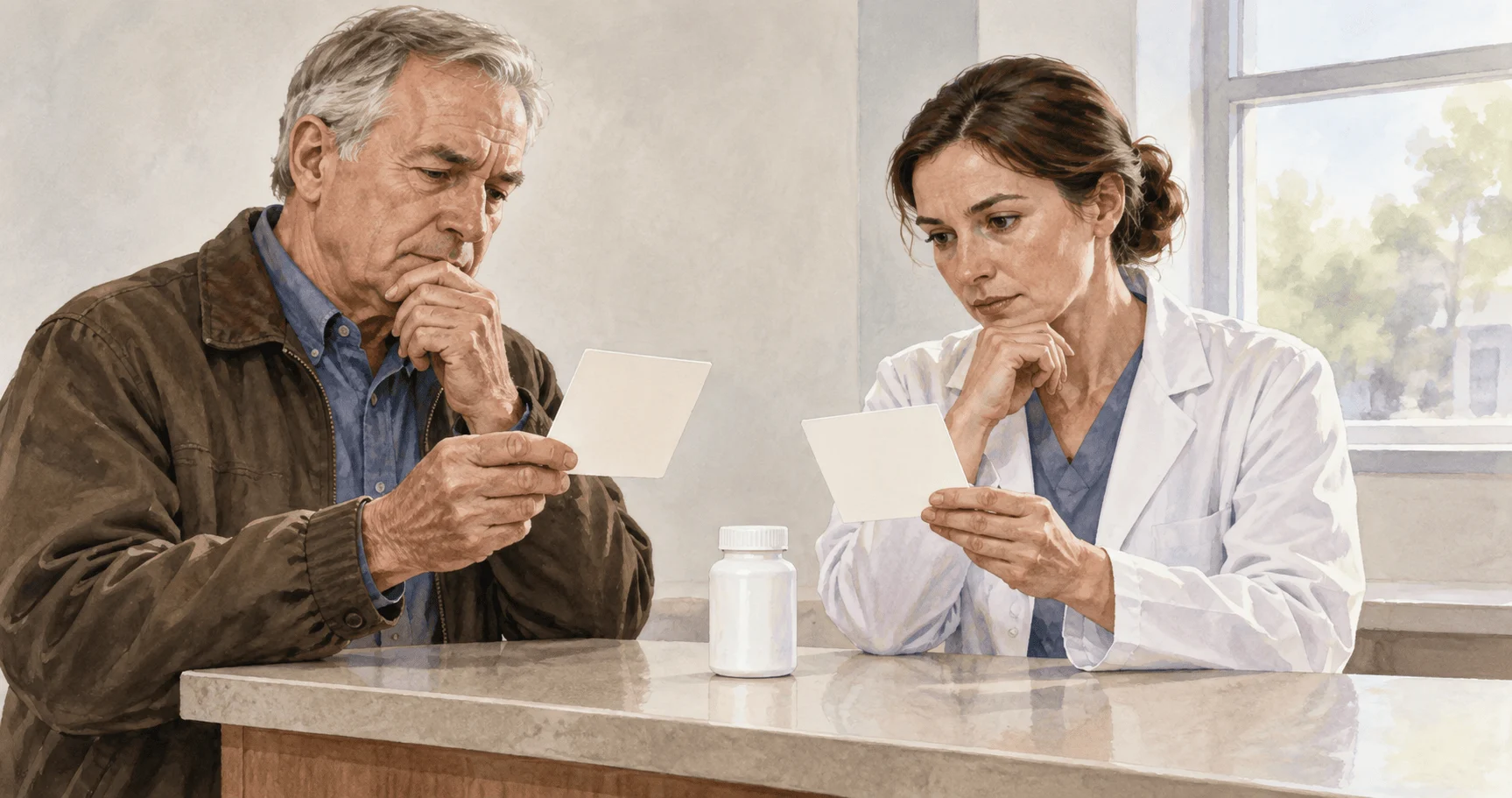 Painted scene of a customer comparing medication purchase routes with a pharmacist.