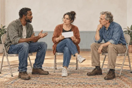 Painted scene of neighbors discussing a possible regular cash payment.