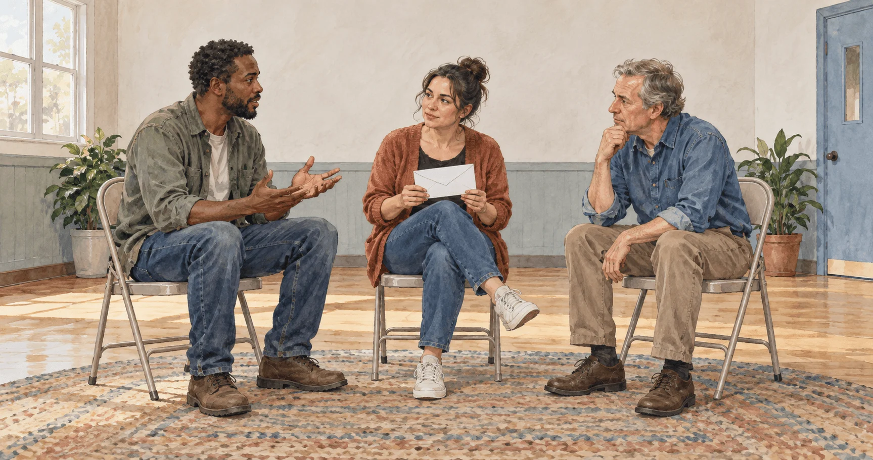 Painted scene of neighbors discussing a possible regular cash payment.