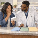 Painted scene of a customer and pharmacist comparing possible coverage routes before paying for an unbranded prescription.