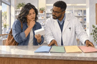 Painted scene of a customer and pharmacist comparing possible coverage routes before paying for an unbranded prescription.