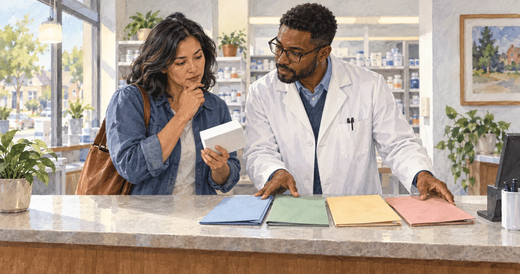 Painted scene of a customer and pharmacist comparing possible coverage routes before paying for an unbranded prescription.