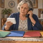 Painted scene of an older adult calling about coverage while comparing blank plan folders for a prescription.