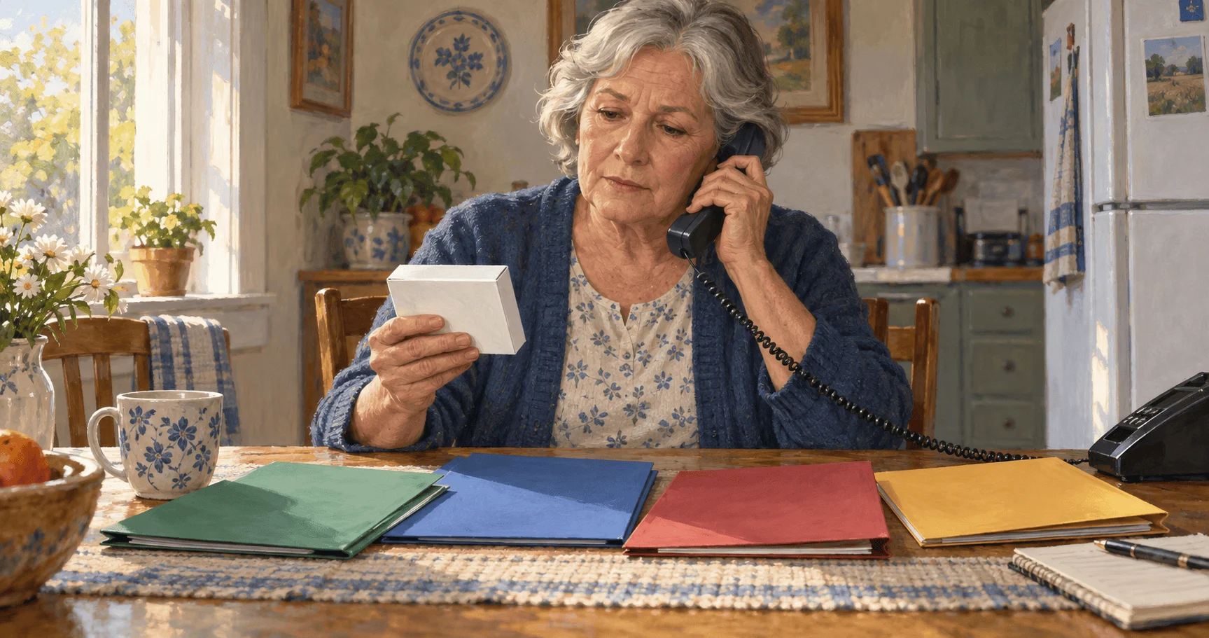 Painted scene of an older adult calling about coverage while comparing blank plan folders for a prescription.