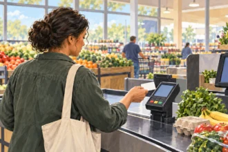 Painted illustration of a shopper holding a plain card near a payment reader at a grocery checkout.
