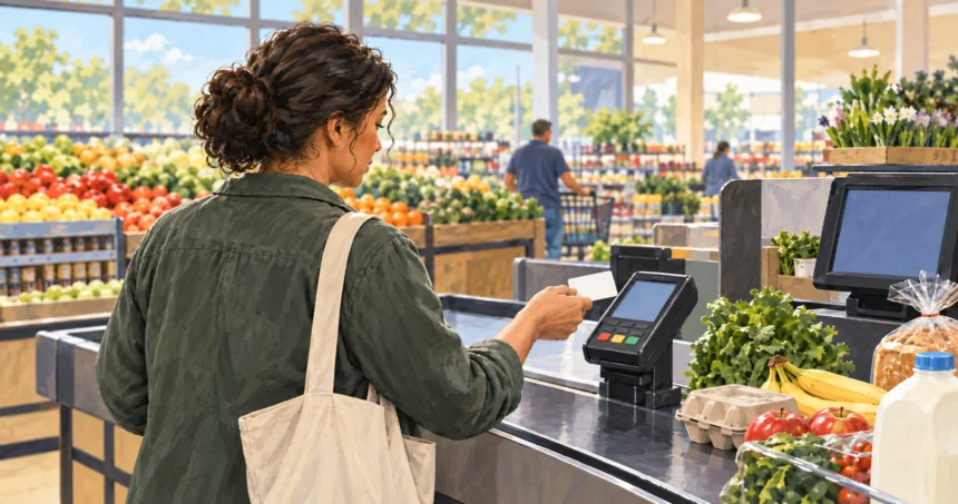 Painted illustration of a shopper holding a plain card near a payment reader at a grocery checkout.