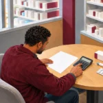 A man checks a blank pharmacy quote beside a calculator and unbranded medicine packaging.
