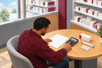 A man checks a blank pharmacy quote beside a calculator and unbranded medicine packaging.