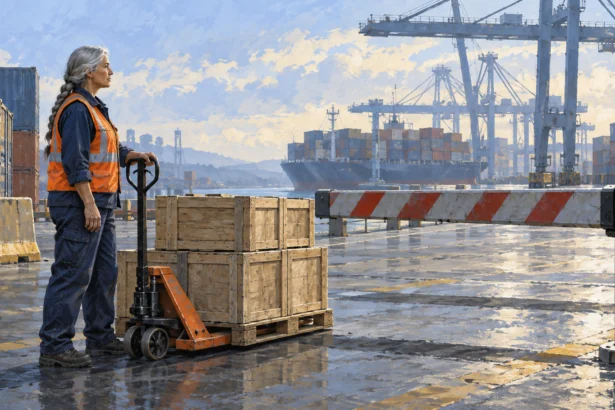 Painted illustration of a freight worker pausing a pallet jack beside a lowered barrier at a cargo terminal.