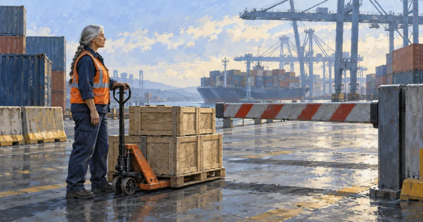 Painted illustration of a freight worker pausing a pallet jack beside a lowered barrier at a cargo terminal.