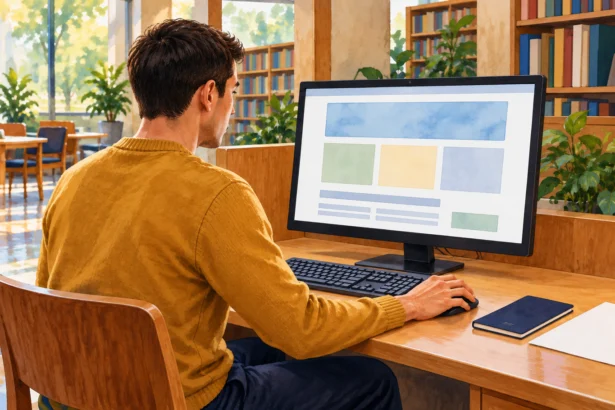 A painted illustration of a young adult using a library computer beside a closed dark booklet and blank paper.