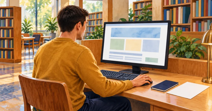 A painted illustration of a young adult using a library computer beside a closed dark booklet and blank paper.