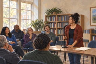 Painted illustration of a woman speaking into a microphone at a small community gathering as other people listen.