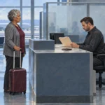 A painted scene of a caseworker checking a folder while a traveler waits with a suitcase in an airport office.