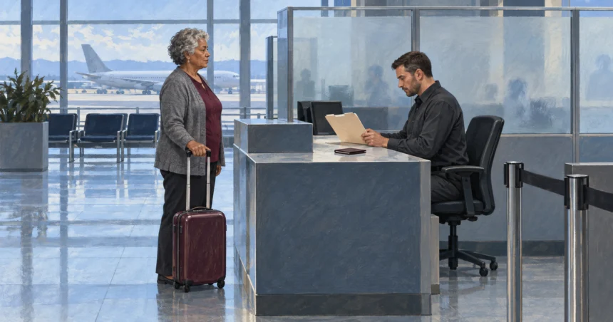 A painted scene of a caseworker checking a folder while a traveler waits with a suitcase in an airport office.