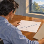 Illustration viewed over a seated person's shoulder, with one hand beside a rising chart and the other holding a folder.