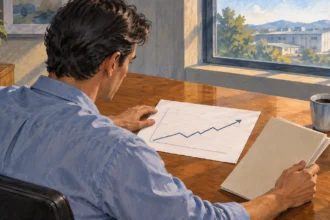Illustration viewed over a seated person's shoulder, with one hand beside a rising chart and the other holding a folder.