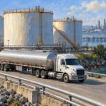 Painted illustration of a fuel tanker truck on a road beside storage tanks, with refinery structures and water in the background.