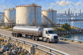Painted illustration of a fuel tanker truck on a road beside storage tanks, with refinery structures and water in the background.