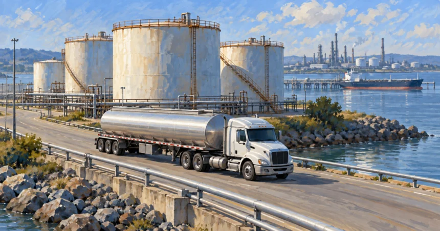 Painted illustration of a fuel tanker truck on a road beside storage tanks, with refinery structures and water in the background.