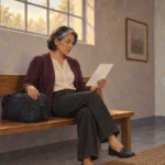 A seated woman reads a plain sheet of paper with a closed travel bag beside her in a quiet waiting room.