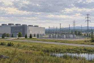 Painted illustration of a data-center building, fenced electrical substation and power lines, with homes in the distance.