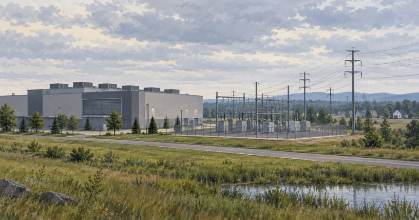 Painted illustration of a data-center building, fenced electrical substation and power lines, with homes in the distance.