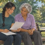 A student and parent review blank papers together on a bench beside a college walkway.