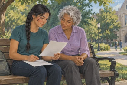 A student and parent review blank papers together on a bench beside a college walkway.