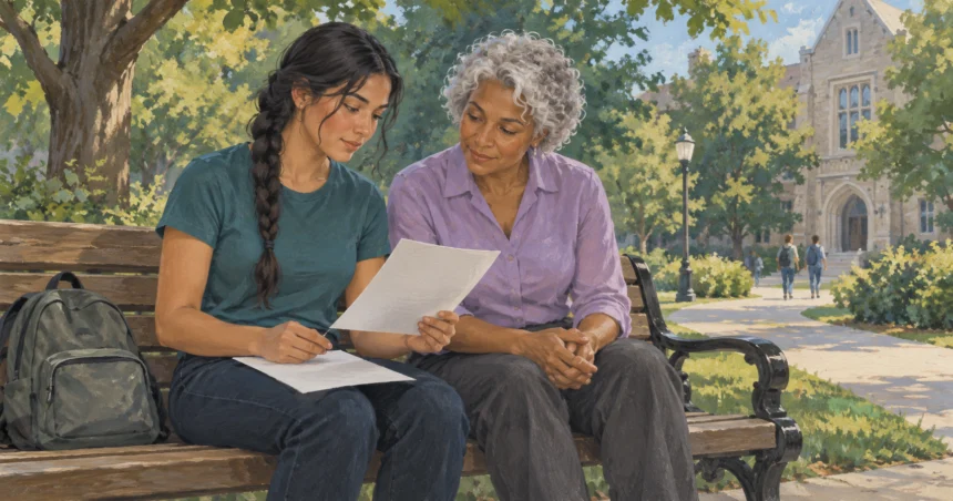 A student and parent review blank papers together on a bench beside a college walkway.