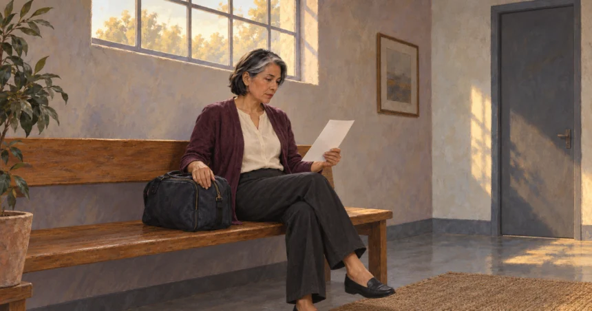 A seated woman reads a plain sheet of paper with a closed travel bag beside her in a quiet waiting room.
