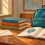 Painted still life of a plain envelope, books and a school backpack on a work counter.