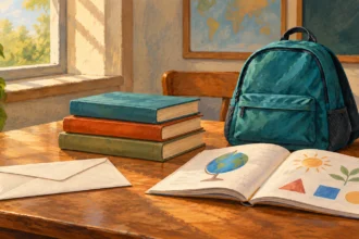 Painted still life of a plain envelope, books and a school backpack on a work counter.