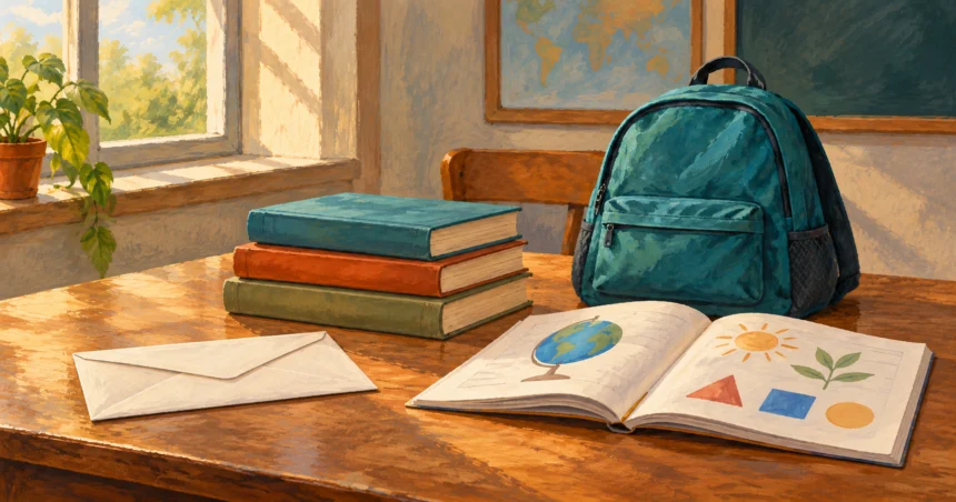 Painted still life of a plain envelope, books and a school backpack on a work counter.