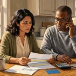 Painted American Realism illustration of a recently discharged patient with a hospital wristband reviewing an itemized medical statement and insurance card with a financial counselor across a sunlit hospital office desk.