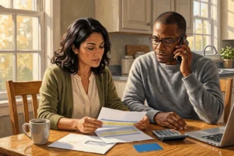 Painted American Realism illustration of a recently discharged patient with a hospital wristband reviewing an itemized medical statement and insurance card with a financial counselor across a sunlit hospital office desk.