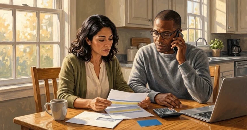 Painted American Realism illustration of a recently discharged patient with a hospital wristband reviewing an itemized medical statement and insurance card with a financial counselor across a sunlit hospital office desk.