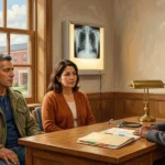 Painted American Realism illustration of a military veteran and his wife consulting with a VA physician and benefits specialist in a sunlit clinic office beside a chest X-ray on a wall light-box and an open claim folder.
