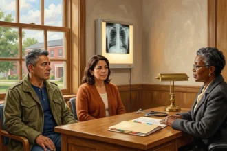Painted American Realism illustration of a military veteran and his wife consulting with a VA physician and benefits specialist in a sunlit clinic office beside a chest X-ray on a wall light-box and an open claim folder.