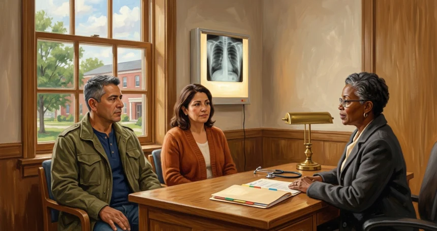 Painted American Realism illustration of a military veteran and his wife consulting with a VA physician and benefits specialist in a sunlit clinic office beside a chest X-ray on a wall light-box and an open claim folder.