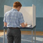 A voter marks a paper ballot behind a privacy partition in a polling room.