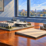 Miniature factory model beside a blank folder and stacks of coins on a planning table.