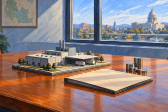 Miniature factory model beside a blank folder and stacks of coins on a planning table.