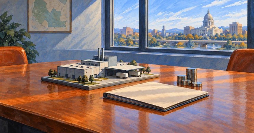 Miniature factory model beside a blank folder and stacks of coins on a planning table.