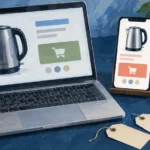 Painted laptop and phone showing matching electric kettles beside a mouse and two blank price tags.