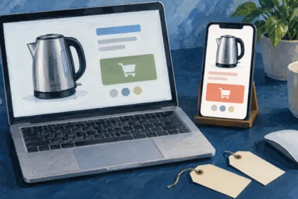 Painted laptop and phone showing matching electric kettles beside a mouse and two blank price tags.