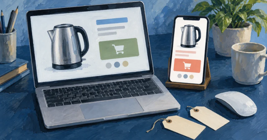Painted laptop and phone showing matching electric kettles beside a mouse and two blank price tags.